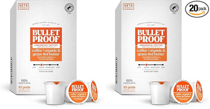 Bulletproof Coffee + Organic Grass-Fed Butter Single-Serve Pods, 10 Count, Keto Coffee, All-in-one Recipe with MCT Oil and Butter, Packaging May Vary (Pack of 2)