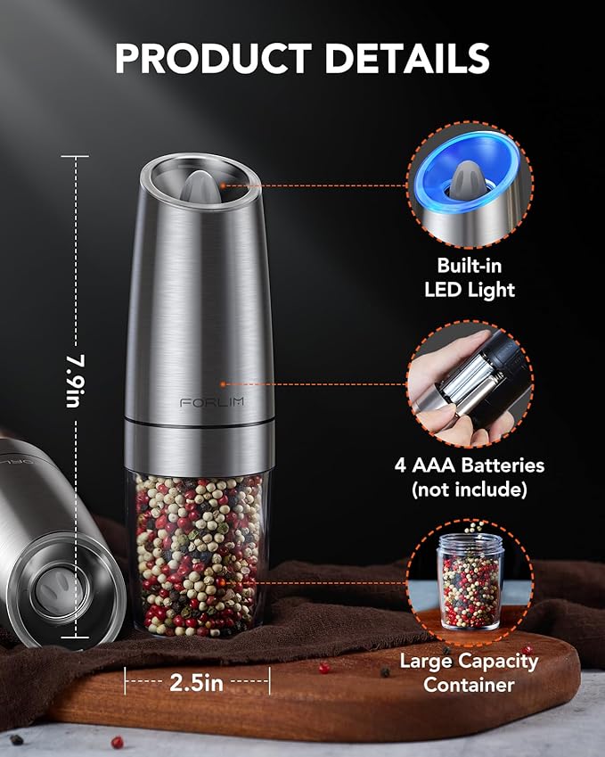 FORLIM Salt and Pepper Grinder,Gravity Pepper Grinder, Stainless Steel, 1Pack(Sliver)