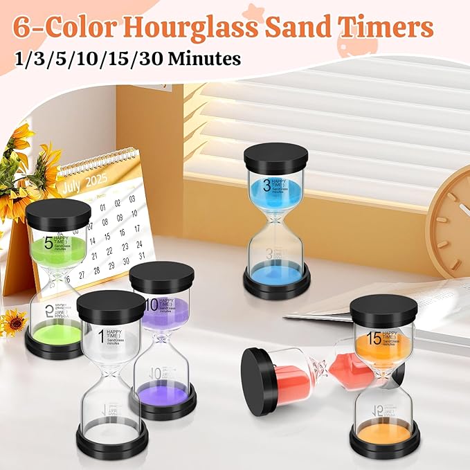 Sand Timer Set, 6 Colors Hourglass Sand Timers 1/3/5/10/15/30 Minutes Sandglass Timers Sand Clock Timer for Classroom Games Home Office Decor Cooking with Protective Cover, 6 Pack