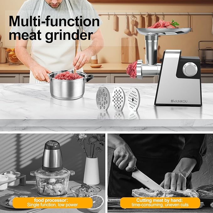 Electric Meat Grinder, 2800W Max Sausage Stuffer,Stainless Steel Meat Mincer With 2 Blades, 3 Plates, Sausage Tube And Kubbe Kit For Home Kitchen Use