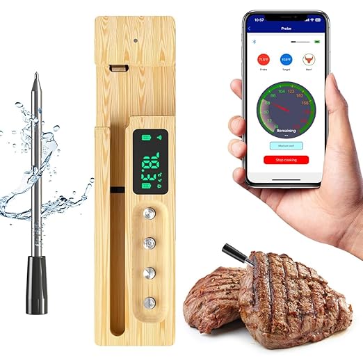 Wireless Meat Thermometer Digital, Smart Bluetooth Instant Read Thermometer，±0.9℉ Accuracy, IP68 Waterproof Food Thermometer for Oven, Smoker, BBQ, Rotisserie, Kitchen