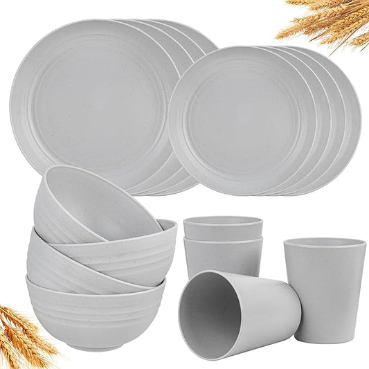 LIYH 16 Pcs Wheat Straw Dinnerware Sets Plastic Dinnerware Sets for 4 Plates and Bowls Set Reusable Tableware Grey Dish Set 8 Plates 4 Bowls 4 Cups Microwave Dishwasher