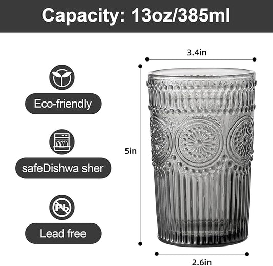 Vintage Glassware Drinking Glasses Set of 6,13 oz Grey Textured Flower Design Glass Water Tumblers，Embossed Striped Drinkware for Water,Cocktails,Juice,Iced Coffee