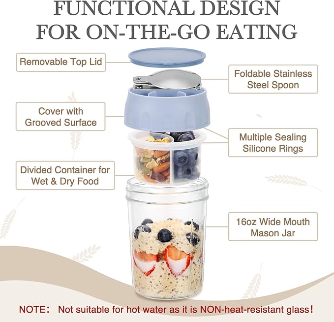 SOLIGT 4 Pack Overnight Oats Containers with Lids, Folding Spoons and Divided Compartments for Fruit & Nuts, Small Glass 16oz Mason Jars for Oatmeal (4 Set-Oat White/Green/Rose/Blue)