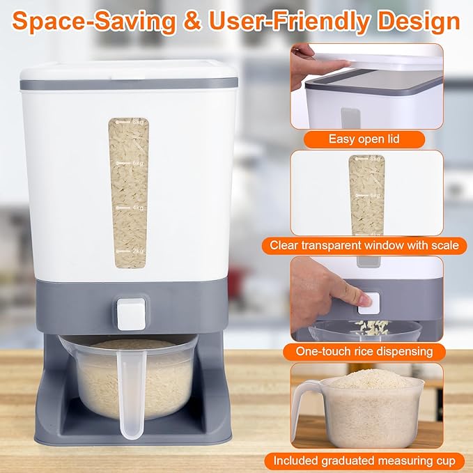 Mity rain Rice Dispenser 20-25 Lbs with Moisture Absorbing Clay, Rice Storage Container with Measuring Cup, Cereal Containers Storage Airtight for Kitchen Pantry Organization