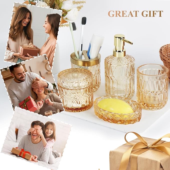 Bathroom Accessories Set, 5Pcs Gold Glass Bathroom Accessories Set with Gold Soap Dispenser, Soap Dish, Toothbrush Holder, Tumbler, Cotton Swab Jars