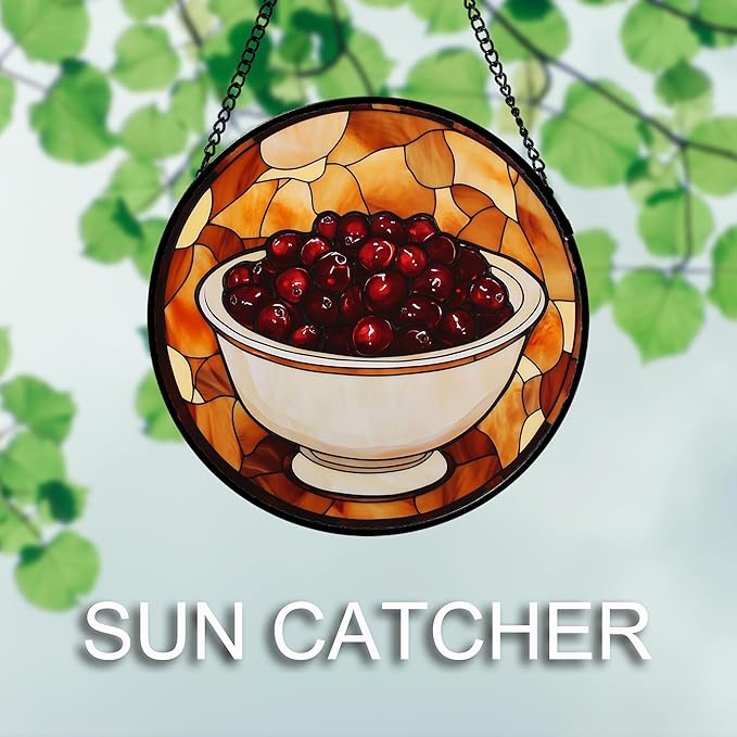 Stained Glass Window Hanging 4 Pcs Set Brown Turkey Berry Corn Large 15" - Suncatcher Door Garden Sun Catcher Decor Birthday Thanksgiving Mother's Day for Mom Woman Nana Men