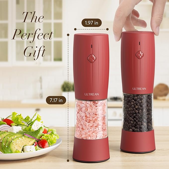 Ultrean Salt and Pepper Grinder Set, Rechargeable Salt and Pepper Mill, 6 Adjustable Coarseness, LED Light, Red Christmas Gifts, Crimson Red