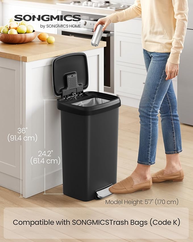 SONGMICS Plastic Kitchen Trash Can, 12-Gallon (45 L) Garbage Can with Stainless Steel Lid, Soft Close, Pedal Waste Bin with Wheels and Rear Handle, Ink Black ULTB533B01