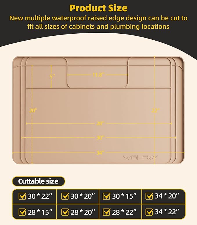 Under Sink Mats for Kitchen Waterproof, Cut to Fit Under Sink Drip Tray for Kitchen Bathroom Cabinets, Silicone Under-Cabinet Hold Up to 3.3 Gallons Liquid, 34" X 22" Or Smaller -Khaki