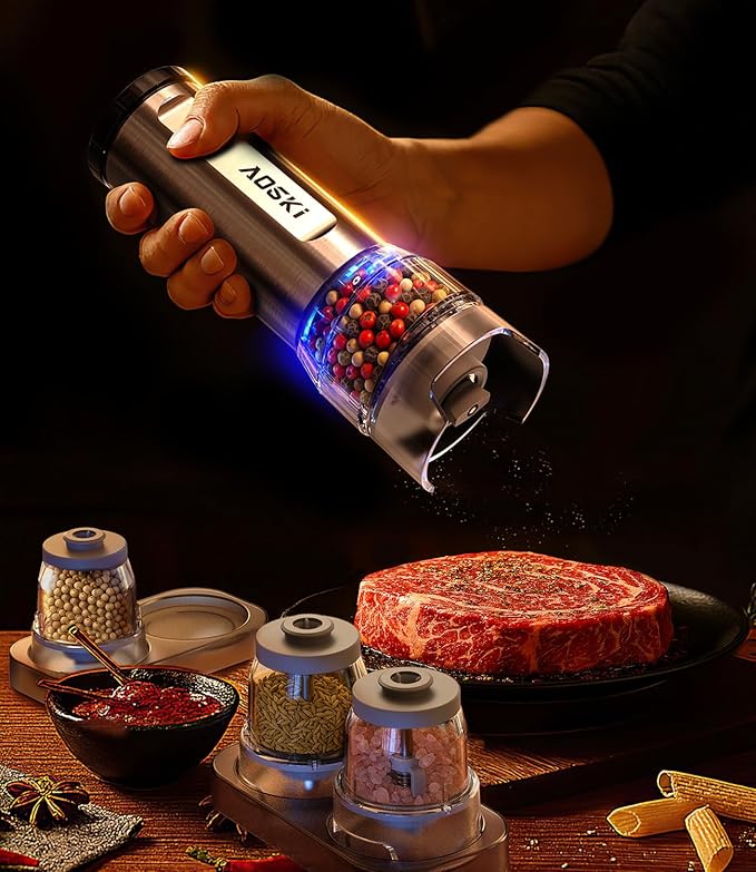 Electric Salt and Pepper Grinder Set: 1 Grinder + 2 Replaceable Jars - Stainless Steel & Separate Hoppers - For Gourmet Sessions - Prevents Spice Mixing for Foodies (1 Grinder + 2 Jars)