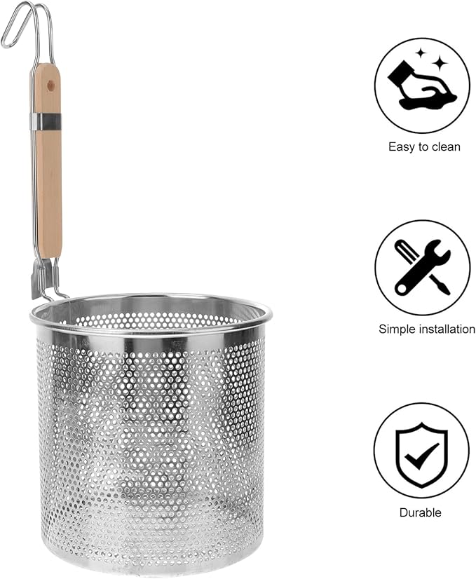 Angoily Mesh Pasta Basket Food Strainer Hot Pot Colander with Round Wooden Handle Stainless Steel Mesh Spider Strainer for Pasta Noodles Dumpling Vegetable
