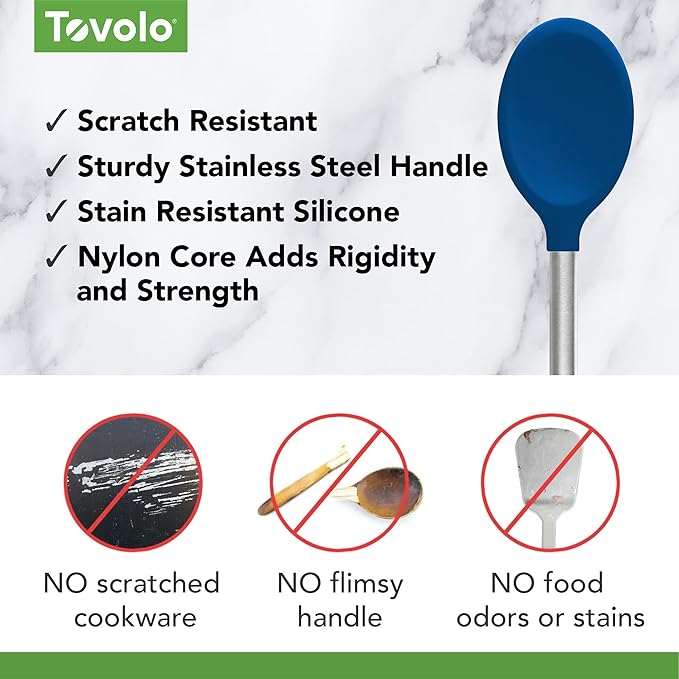 Tovolo Mixing Spoon Stainless Steel Handle Scratch Resistant Non Stick Safe Kitchen Utensil for Cooking Baking Serving Stirring, Heat Resistant Silicone Stirring Spoon with Metal Handle Deep Indigo