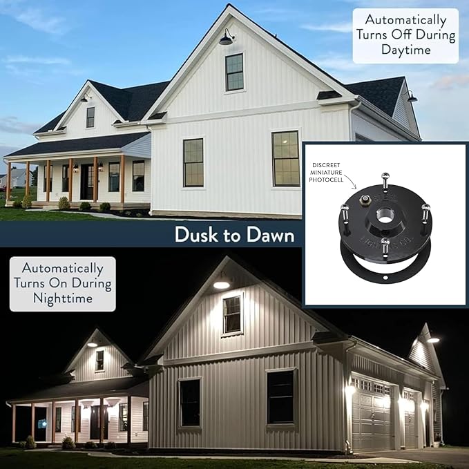 Steel Lighting Co. | Dusk to Dawn | Gardena Barn Light | Outdoor Wall Mounted | 16" Dome | 16" Gooseneck | Farmhouse Light Made in America | Gray Blue/Brass
