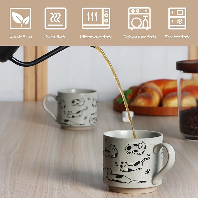 Stackable Coffee Mugs Set of 4, Aesthetic Cute 10 OZ Small Ceramic Espresso Cups Vintage Stoneware Tea Cup for Cappuccino Latte, Cat