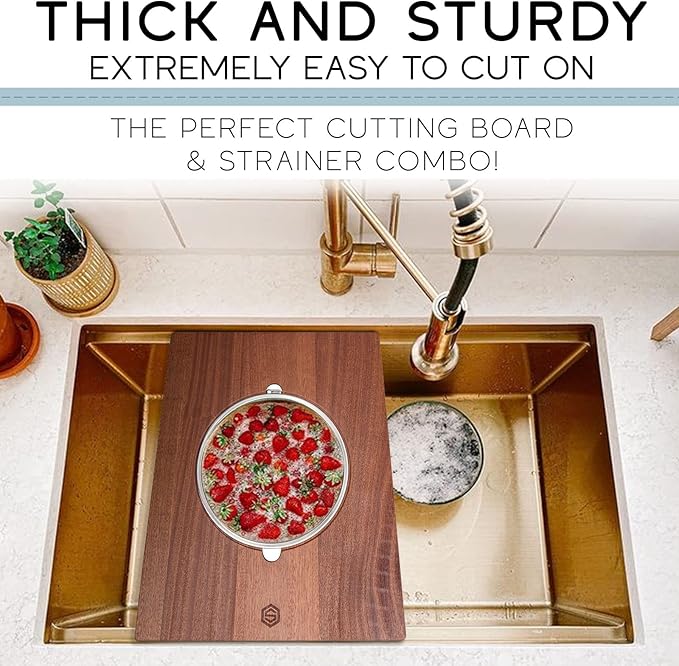 Strictly Sinks Wooden Cutting Board & Strainer Bowl Combo for Kitchen – Over the Sink Cutting Board with Colander, Light Weight & Scratch Resistant Combo ((16-3/8 x 13-3/4 x 7/8))