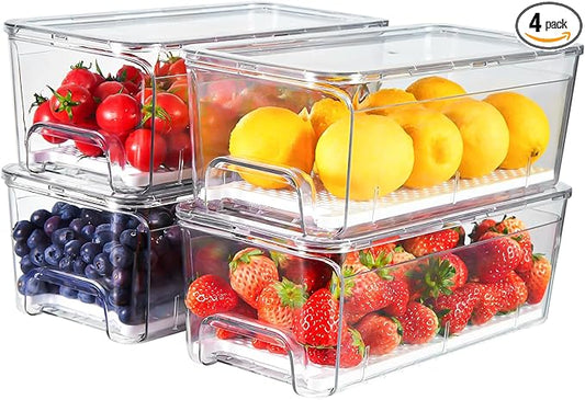 4-Pack Refrigerator Drawer Organizer Bins, Clear Stackable Pull Out Fridge Organizers and Storage Container, with Strainer Layer for Fruits, Vegetables, Drinks, Snack and Food