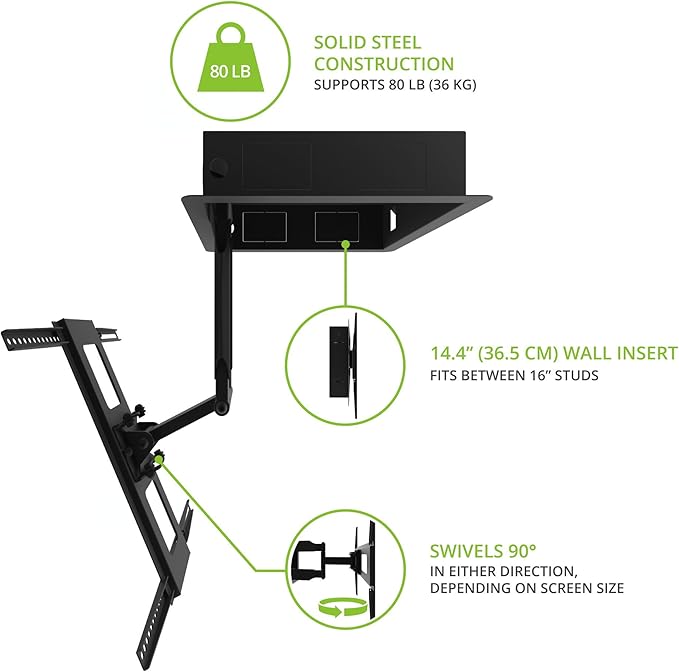 Kanto R300 Recessed In-Wall Full Motion Articulating TV Mount for 32-inch to 55-inch TVs | Ultra Low Profile | Swivel and Tilt Capable | Cable Management for Clean Setup | Black