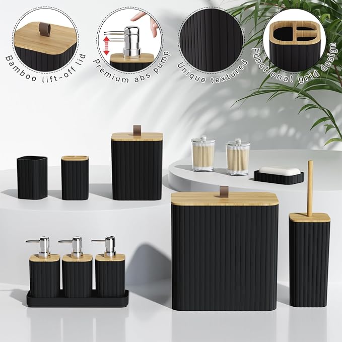 Bathroom Accessory Set - Black Bathroom Set, 27PC Bathroom Accessories Set, Bathroom Sets with Shower Curtain and Rugs, Mini Trash Can, Toilet Brush, Trash Can & Soap Dispenser