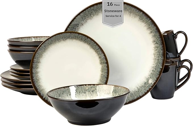 Sango 16-Piece Stoneware Dinnerware Set for 4, Glossy White & Green Mugs, Plates and Bowls Sets- Reactive Glaze, Ceramic Dish Set, Dishes for Everyday Use, Microwave & Dishwasher Safe, Novelle Moss