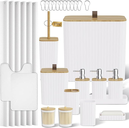 Bathroom Accessory Set - White Bathroom Set, 27PC Bathroom Accessories Set, Bathroom Sets with Shower Curtain and Rugs, Mini Trash Can, Toilet Brush, Trash Can & Soap Dispenser