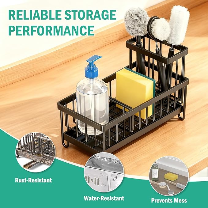 Sponge Holder for Kitchen Sink: 4 Pack Sink Caddy Organizer Complete with High Brush Holder & Auto Drain Tray, Stainless Steel Countertop Storage for Soap Dispenser & Dish Brush, Fast Local Shipping