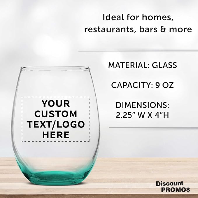 DISCOUNT PROMOS Custom Stemless Wine Glass 9 oz. Set of 10/50/100, Personalized Bulk Pack - Great for Wedding Favors, Bachelorette Party Decorations, Party Favors - Green