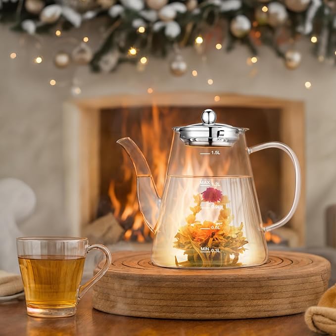 1500ml Glass Teapot, Large Tea Pot with Infuser for Loose Tea and Blooming Tea, Stovetop Safe Tea Kettle, Hand Crafted Borosilicate Glass Tea Maker with Scale Line, Tea Gift Set for Tea Lovers