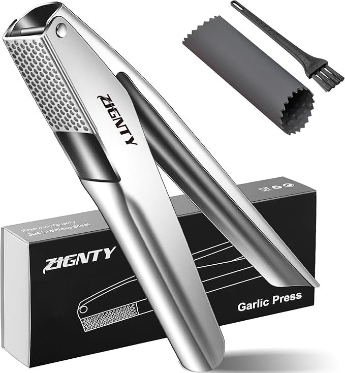 Professional Garlic Press Stainless Steel，No Need to Peel Garlic Mincer Tool with Large Trough, Dual Lever-Assisted Garlic Presser & Masher Easy Clean, Garlic Crusher Dishwasher Safe Rust Proof