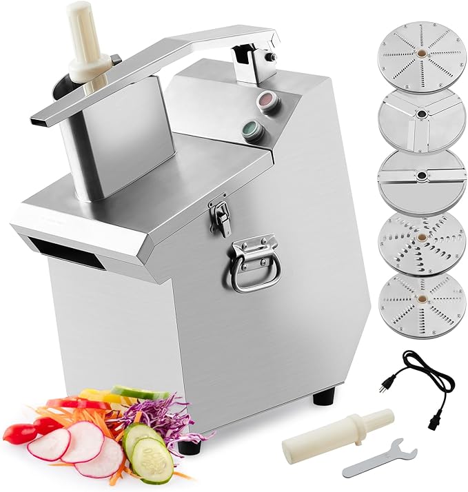 Commercial Food Processor 550W with 2 Feeding Holes, Stainless Steel Electric Vegetable Processor Detachable 5 Blades 3mm/4mm/7mm Shred and 2mm/4mm Slice