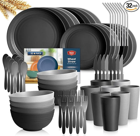 Teivio 32-Piece With Flatware Kitchen Plastic Wheat Straw Dinnerware Set, Service for 8, Dinner Plates, Dessert Plate, Cereal Bowls, Cups, Unbreakable Plastic Outdoor Camping Dishes, Gray Ombre