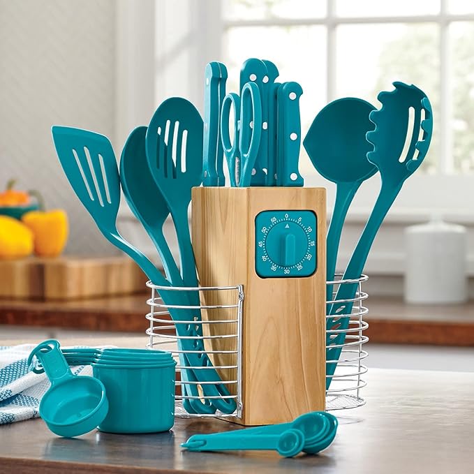 Montgomery Ward 25-Piece Cutlery and Utensil Set, Teal - Apartment Essentials Kitchen Prep Kit with Full-Tang Knives (Teal)