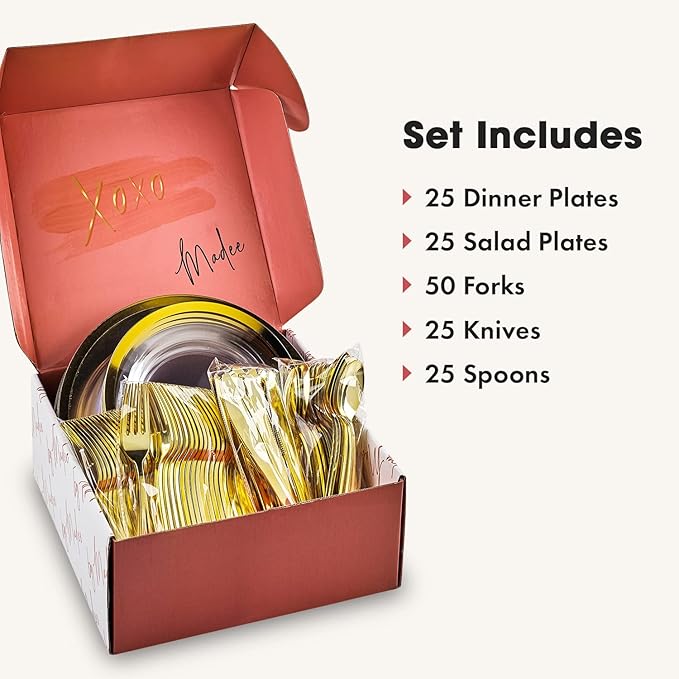 By Madee HEAVYWEIGHT Clear Plastic Plates With Gold Trim | Nice Disposable Plates and Cutlery Set | Includes Gift of Dazzling 3D butterflies for table Decor | 150mPcs for 25 Guests