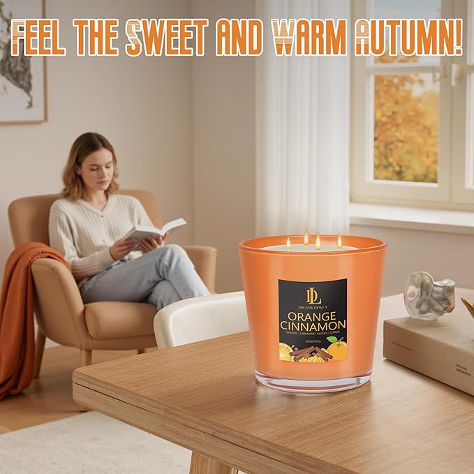 Large Fall Candle Orange Cinnamon Scented, 4 Wick Natural Soy Candles for Home Scented, 30oz Big Autumn Candle Long Lasting, Home Aromatherapy Candles Housewarming Gift for Women Men