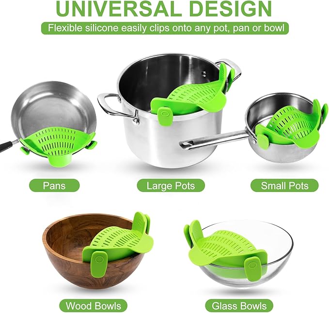 Clip-On Strainer - Universal Silicone Snap-on Colander for Draining Pasta, Vegetables & Grease – Heat-Resistant, BPA-Free, Heat Resistant, Fits Round & Oval Pots/Bowl