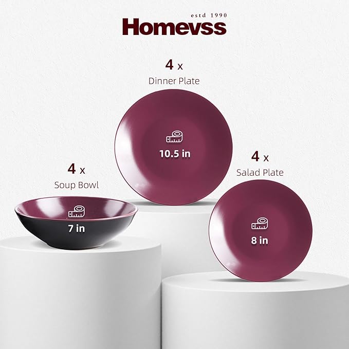 Stoneware Two-Tone Colors Life 12pc Dinner Set， Outside Shiny Black + Inside Matte glaze Plum
