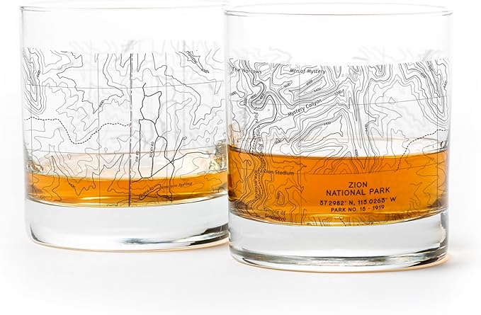 Black Lantern Whiskey Glasses - National Park Topographic Map Old Fashioned Glasses - 11oz. Rock Glass Set of 2 - Cocktail & Everyday Use Drinking Glasses - Dishwasher Safe (Zion)