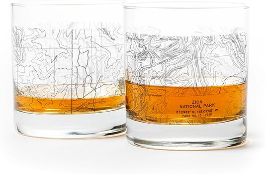 Black Lantern Whiskey Glasses - National Park Topographic Map Old Fashioned Glasses - 11oz. Rock Glass Set of 2 - Cocktail & Everyday Use Drinking Glasses - Dishwasher Safe (Zion)