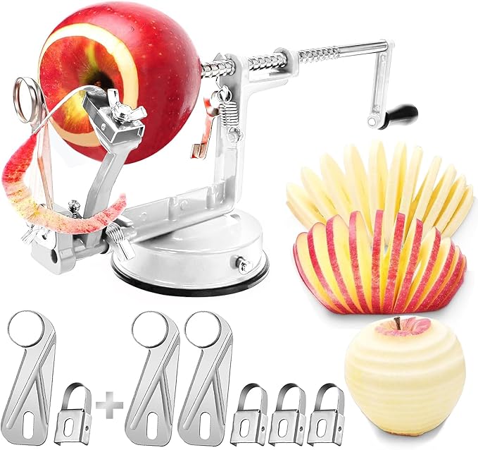 Apple Peeler Corer, Long lasting Chrome Cast Magnesium Alloy Apple Peeler Slicer Corer with Stainless Steel Blades and Powerful Suction Base for Apples and Potatoes(White)