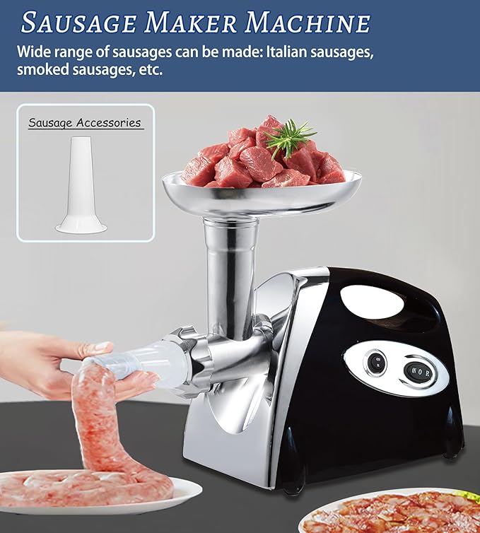 VNIMTI Electric Meat Grinder Mincer Machine,Heavy Duty Meat Grinders 2800W,Sausage Maker with Blade,3 Plates,Sausage Stuffer Tube and Kubbe Kit for Home Kitchen Use (2800W-Black)