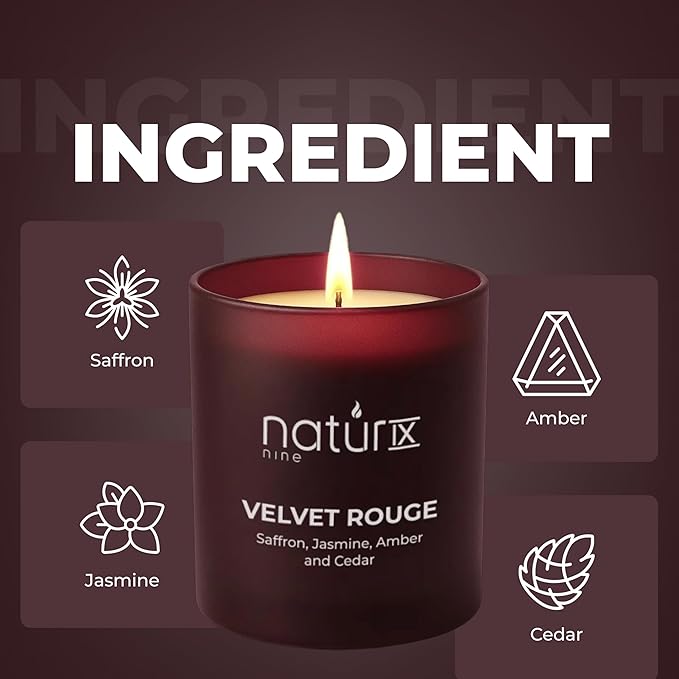 Natur IX Velvet Rouge Scented Candles for Home | Cedarwood, Saffron, Jasmine & Amber | Natural Non Toxic Soy Candles with Essential Oils | 50 H Long Burning