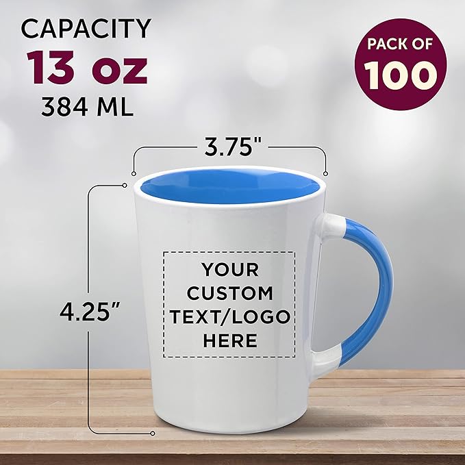 Custom Ceramic Latte Coffee Mugs by Albany 13 oz. Set of 100, Personalized Bulk Pack - Perfect for Coffee, Tea, Espresso, Hot Cocoa, Other Beverages - Process Blue