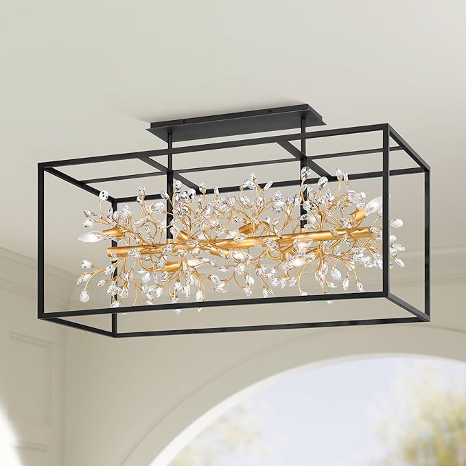 Possini Euro Design Carrine 38 1/2" Modern Semi Flush-Mount Ceiling Light Fixture Kitchen Foyer Hallway Linear Unique 8-Light Satin Black Gold Finish Crystal Metal Bedroom Bathroom Entryway