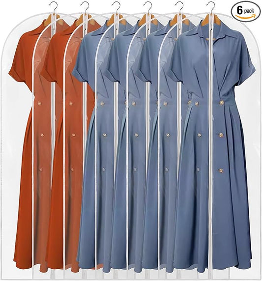 60" Dress Bags for Gowns, 6 Packs All Clear Garment Bags for Hanging Clothes, Plastic Waterproof Dress Cover with Zipper for Dresses, Coats, Uniforms (Set of 6)
