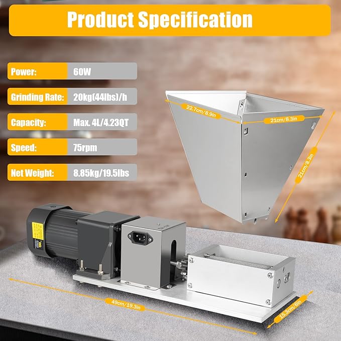4L/4.23QT Electric Grain Grinder, 60W 110V Stainless Steel Pellet Mill 75rpm Animal Feed Pellet Machine with 4 Hopper, Home Brew Grain Mill Malt Crusher for Wheat, Rice, Corn, Sorghum