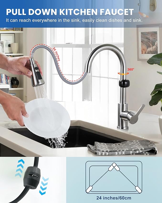 Touchless Kitchen Faucet Motion Sensor - Activated Smart Hands Free Kitchen Faucets with Pull Down Sprayer Single Handle Kitchen Sink Faucet,Brushed Nickel
