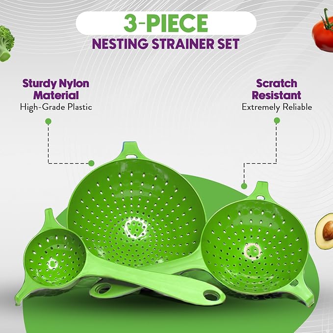 Crisp 3 Piece Nesting Strainer Set - Plastic, Durable Kitchenware, Dishwasher Safe - Made in the USA - Green