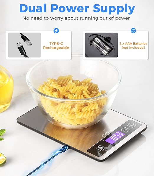 Food Scale - 15kg/33lb Rechargeable Digital Kitchen Scale with Full-View LCD Display, Grams and Ounces, Type-C or Batteries (Not Inc.), Easy Clean Stainless Steel, for Baking, Cooking, Grey