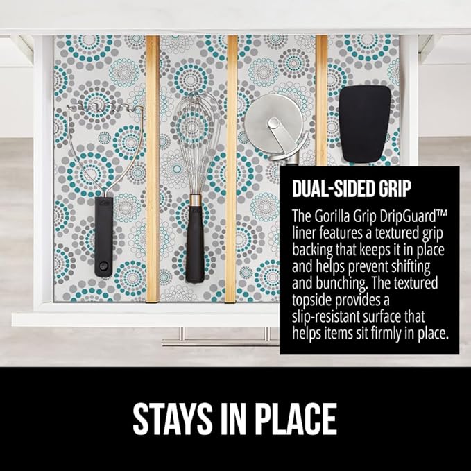 GORILLA GRIP DripGuard Shelf Liner, Non Adhesive Drawer and Kitchen Cabinet Protector, 20x240 Inch, Slip Resistant BPA Free Smooth Surface Plastic Liners for Cabinets, Bathrooms, Closets, Spiral