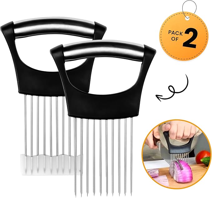 Onion Holder for Slicing (2 Pack) – Stainless Steel Vegetable Slicer Tool for Onions, Tomatoes, Potatoes & More – Kitchen Gadget with Ergonomic Handle for Easy, Safe Cutting